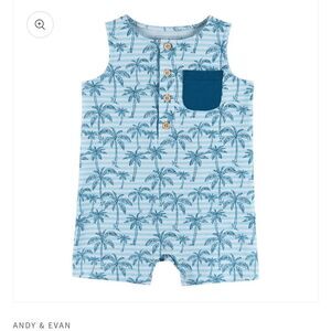 Andy & Evan blue & white stripe palm tree print knit romper with bib NWT